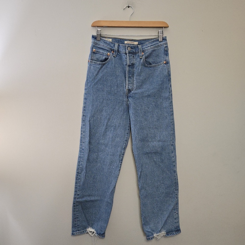 Levis Premium Ribcage Straight Jeans Women 28x27 High Rise Blue Denim Button Fly
